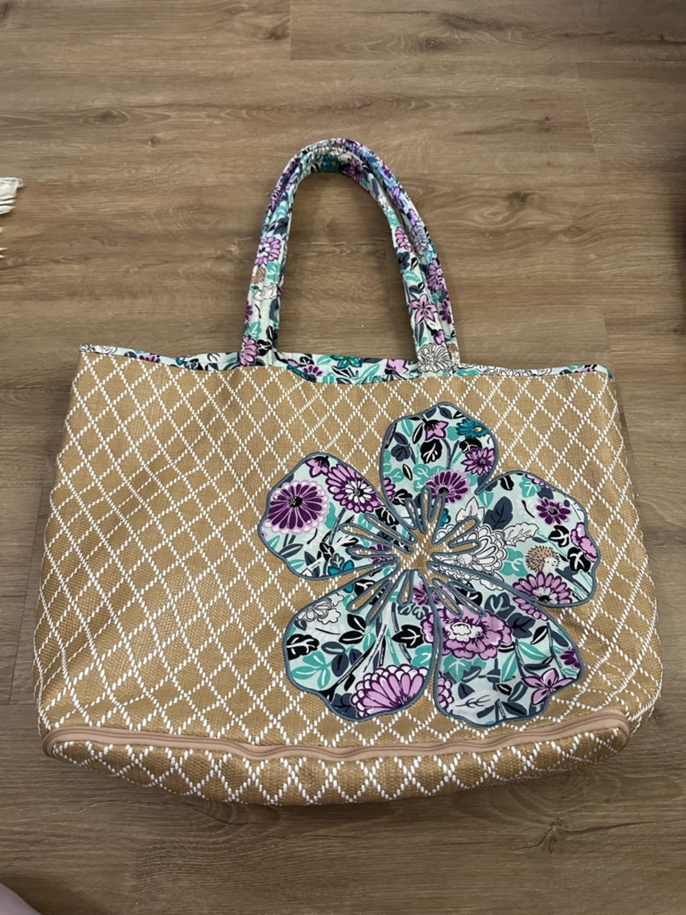 Vera Bradley Tan Tote with Purple & Teal Floral Accent